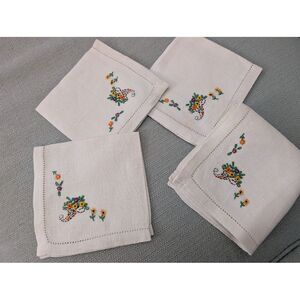 Vintage linen embroidered table napkins light beige handmade dinner 10x10" set 4